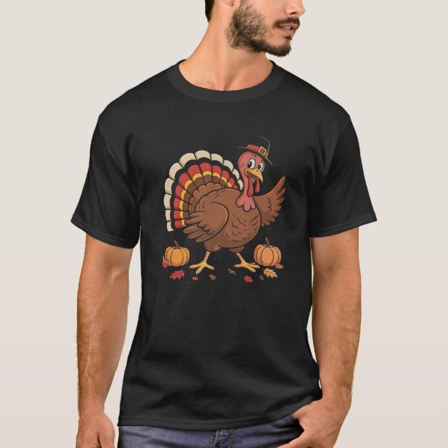 T-shirt Cute Pilgrim Turkey with Pumpkins Fall Harvest Hol (Devant)