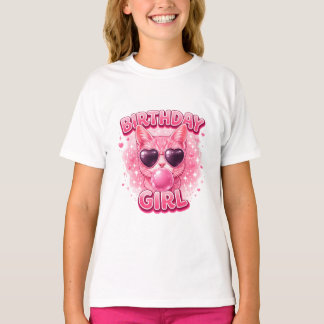 T-shirt Cute Pink Cat Birthday Girl with Heart Sunglasses 