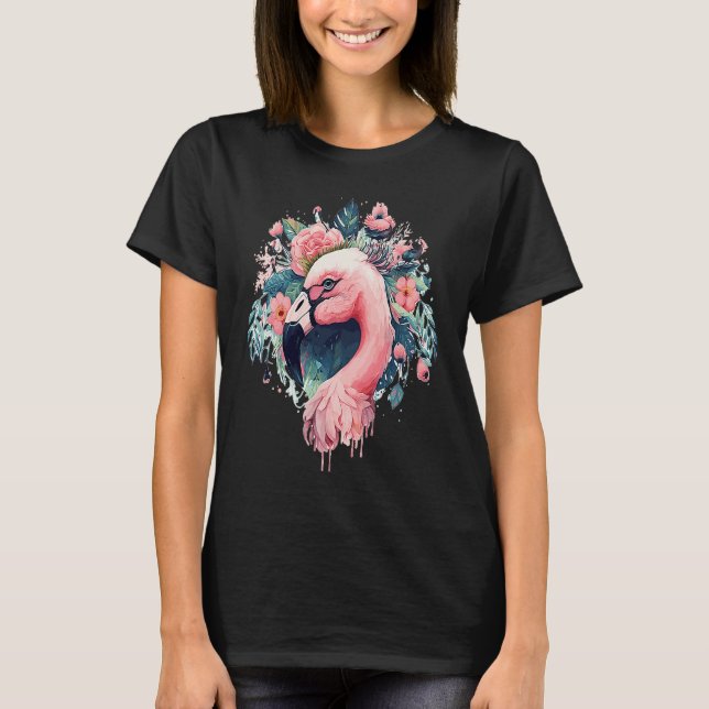 T-shirt Cute Pink Flamingo Tropical Bird Flower Crown Flor (Devant)