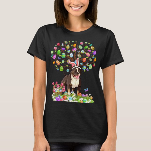 T-shirt Cute Pitbull Dogs With Bunny Ears Easter Egg Tree  (Devant)