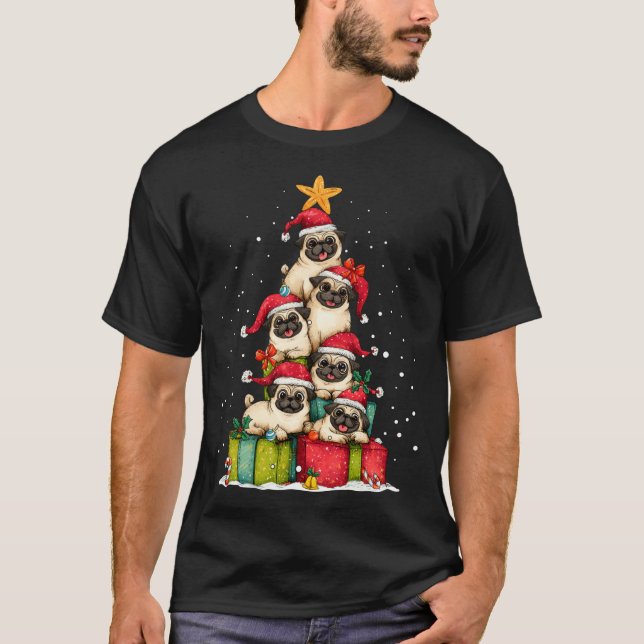 T-shirt Cute Pug Le Dog Christmas Tree Xmas Hat Long Sleev (Devant)
