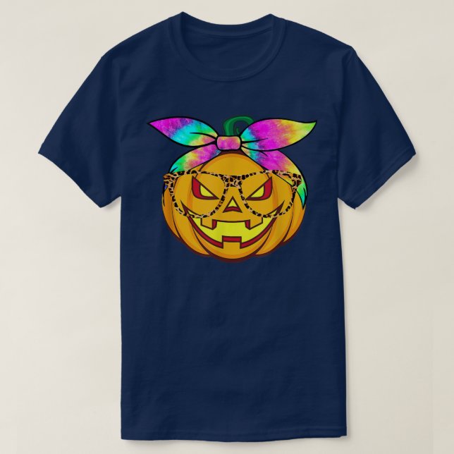 T-shirt Cute Pumpkin Tie Dye Leopard Glasses Halloween Hol (Design devant)