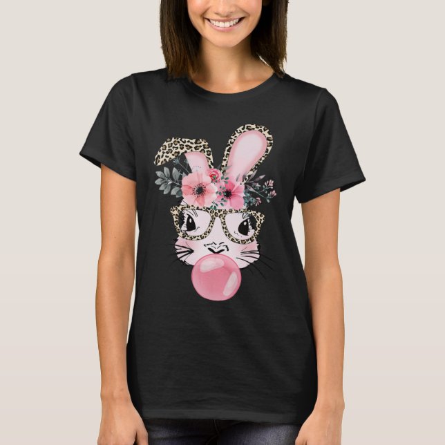 T-shirt Cute Rabbit Bubble Gum Easter Day Bunny Leopard Gl (Devant)