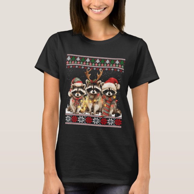 T-shirt Cute Raccoon Santa Christmas Lights Ugly Xmas Swea (Devant)