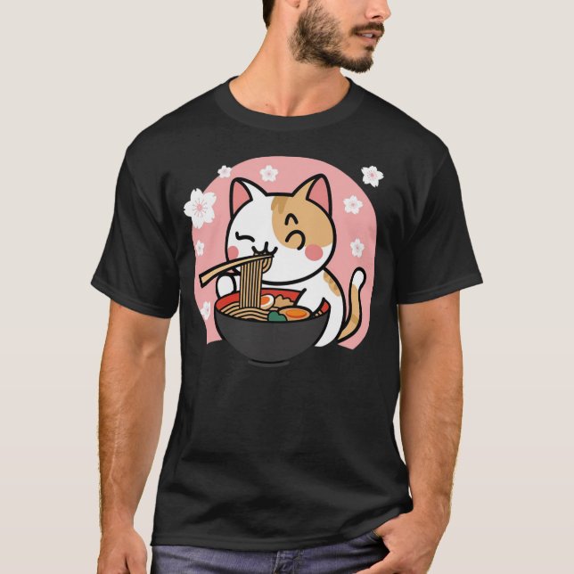 T-shirt Cute Ramen Cat Kawaii Anime Sakura Pink (Devant)