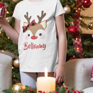T-shirt Cute Reindeer Plaid Nom De La Bow En Noël Rouge
