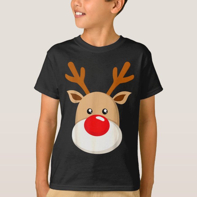 T-shirt Cute Reindeer Rudolph Red Nose Christmas Antlers  (Devant)