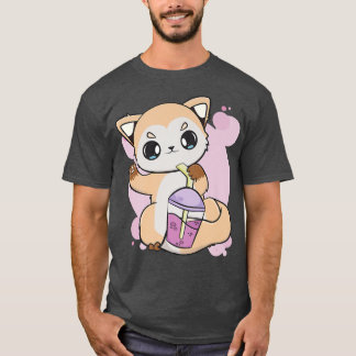 T-shirt Cute Renard Anime Avec Boba Pour Buble Thé Lover P