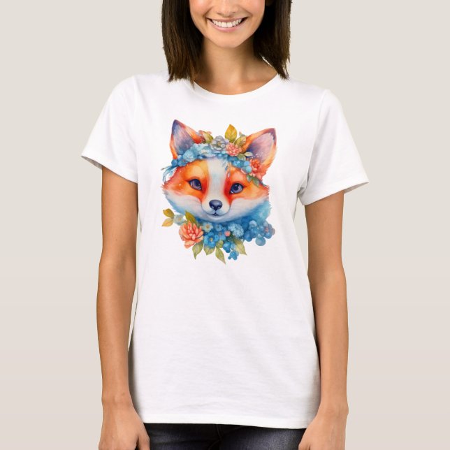 T-shirt Cute Renard orange avec Couronne florale (Devant)