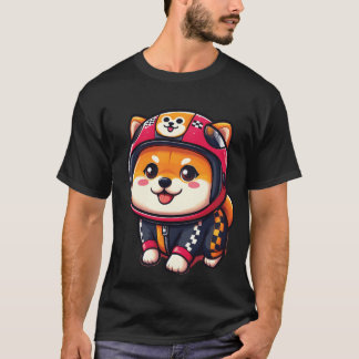 T-shirt Cute Shiba Inu With Helmet for Racing Car funny