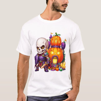 T-shirt Cute Skeleton Knight Pumpkin Castle Halloween