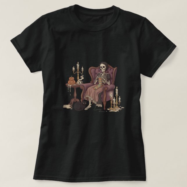 T-shirt Cute Skeleton Knitting Crochet Yarn Halloween  (Design devant)