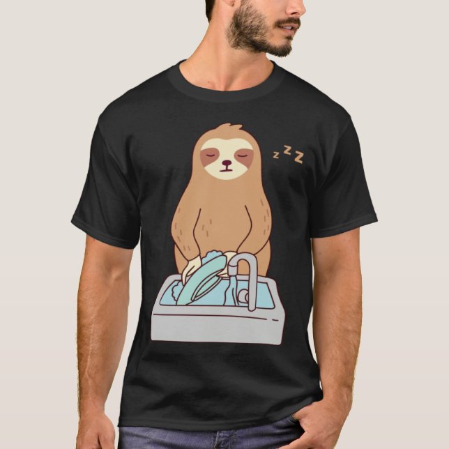 T-shirt Cute Sloth Dishwashing Sleeping Tired Lazy (Devant)