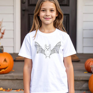 T-shirt Cute Smiling Bat Creature Black Line Art Halloween