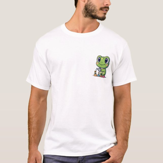 T-shirt Cute Smiling Frog Watering Small Potted Plants (Devant)