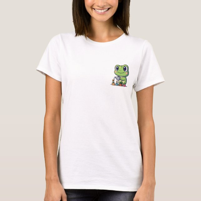 T-shirt Cute Smiling Frog Watering Small Potted Plants (Devant)