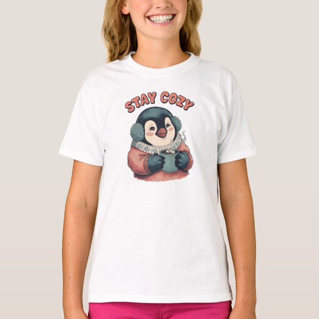 T-shirt Cute Stay Cozy Penguin Drinking Hot Cocoa Hat (Devant)
