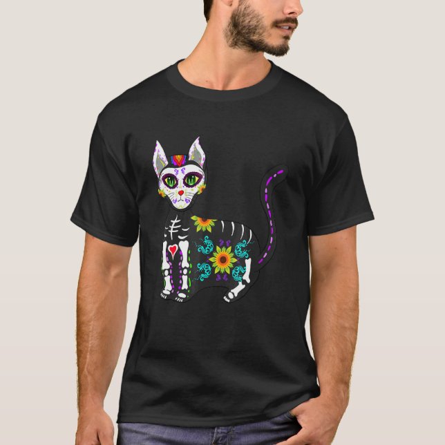 T-shirt Cute Sugar Skull Mexican Cat Halloween Day Of The  (Devant)