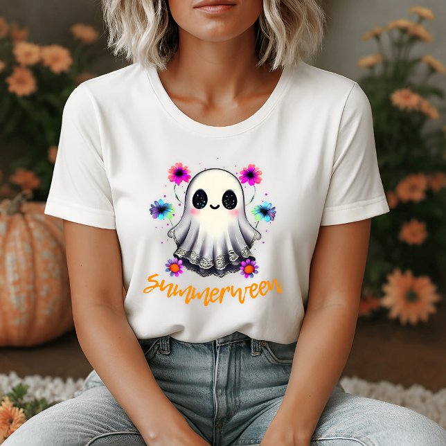 T-shirt Cute Summerween Ghost Neon Flowers (Cute Summerween Ghost Neon Flowers T-Shirt)