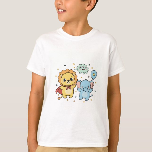 T-shirt Cute Superhero Lion and Elephant Friends Cartoon (Devant)