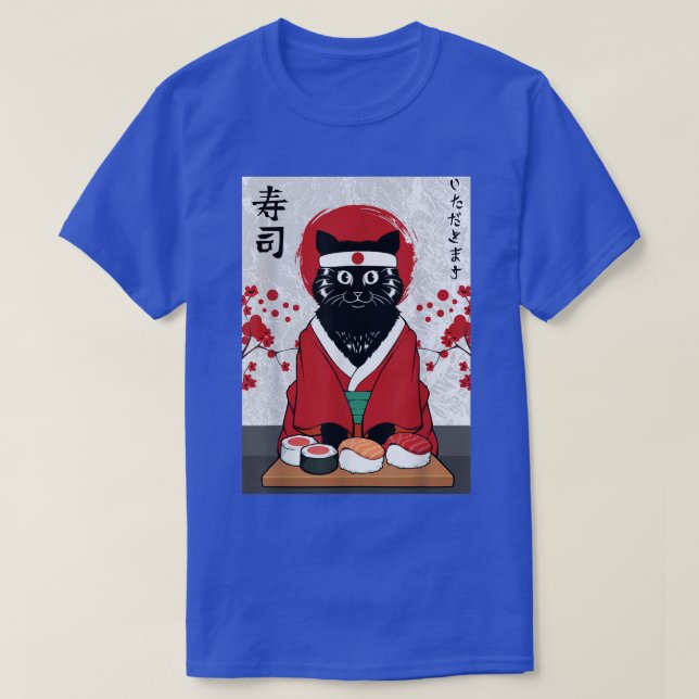 T-shirt Cute Sushi Master Chat Samurai Kitty Japon Japonai (Design devant)