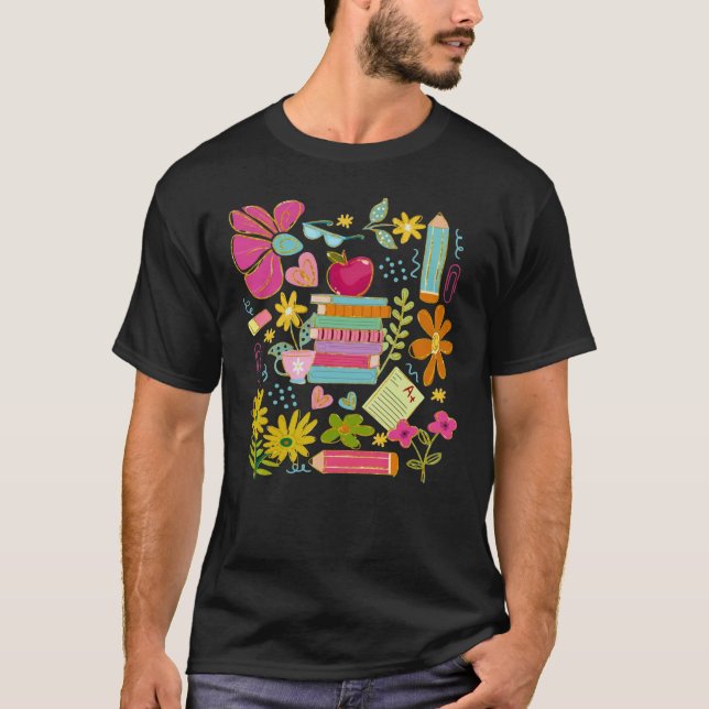 T-shirt Cute Teacher Doodle Art – Books, Flowers & School (Devant)