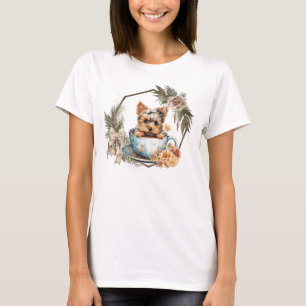 T-shirt Cute Teacup Yorkie en Gold Frame et Rose