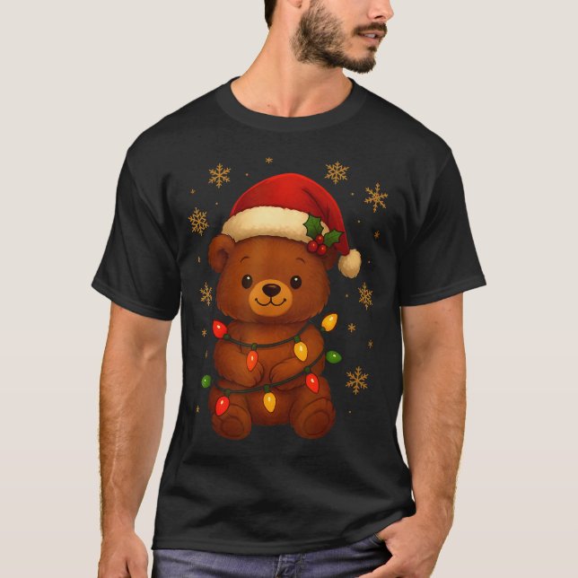 T-shirt Cute Teddy Bear Christmas Tree Lights Santa Hat Fu (Devant)