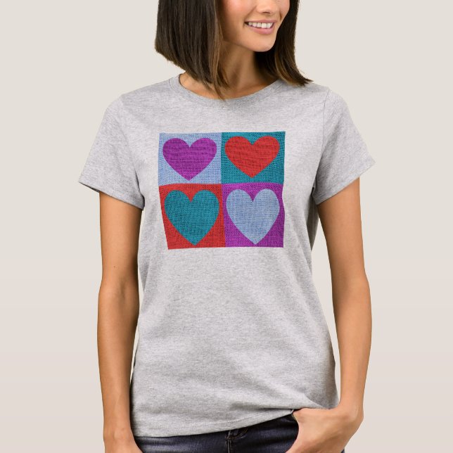 T-shirt Cute Textile Folk Art Hearts Checked (Devant)