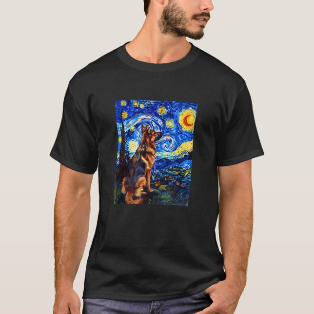 T-shirt Cute Van Gogh German Shepherd Starry Night Funny W (Devant)