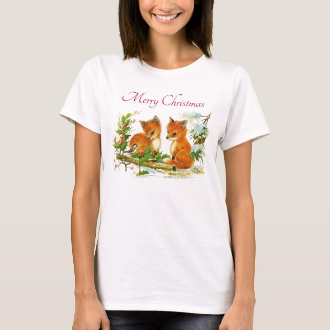 T-shirt Cute Vintage Foxes Retro Christmas Scene (Devant)