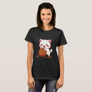 T-shirt Cute White Cat Playing with Woolen Ball