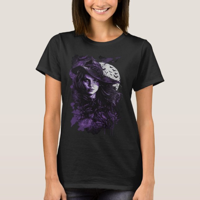 T-shirt Cute Witch Wiccan Wicca Pagan Girl under Full Moon (Devant)