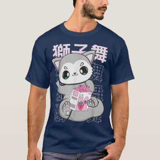 T-shirt Cute Wolf With Strawberry Milk Bubble Tea For Boba
