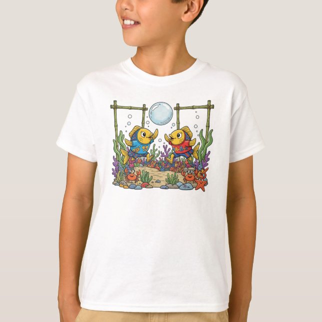 T-shirt Cute Yellow Fish Playing Bubble Sports Ocean Kids  (Devant)