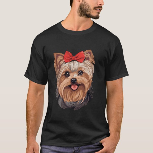 T-shirt Cute Yorkshire Terrier dans une Cravate Bow Headba (Devant)