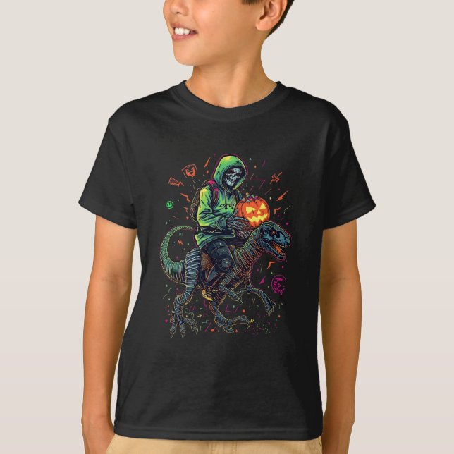 T-shirt Cyber Neon Skeleton équitation Robo Dino - Hallowe (Devant)
