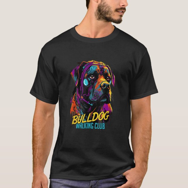 T-shirt Cyberpunk American Bulldog Walking Club Futuristic (Devant)