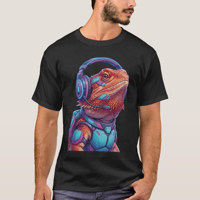 T-shirt Cyberpunk Bearded Dragon Gamer Neon Lizard (Devant)