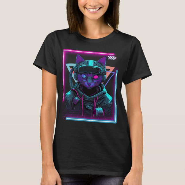T-shirt Cyberpunk Cat Kitty Punker Futuristic Cyber Punk (Devant)