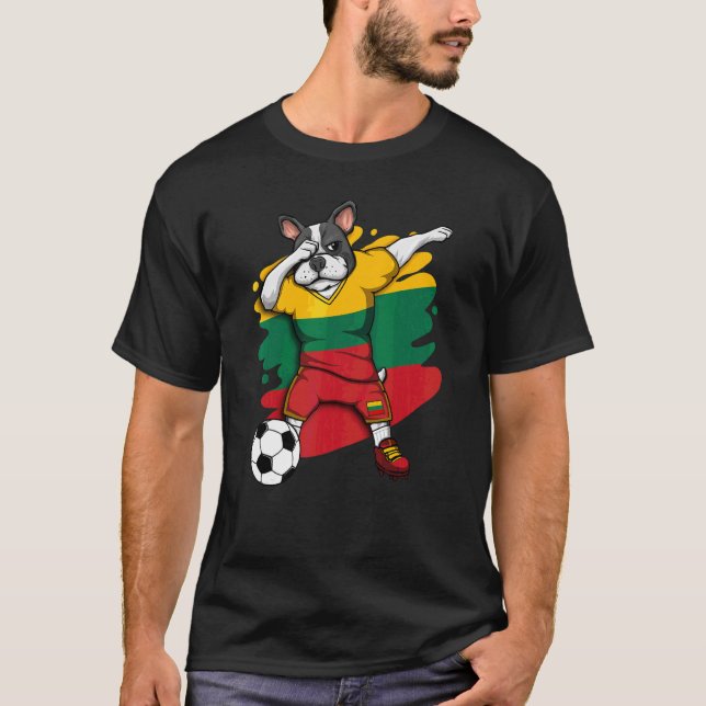 T-shirt Dabbing French Bulldog Lituanie Soccer Fan Jersey (Devant)