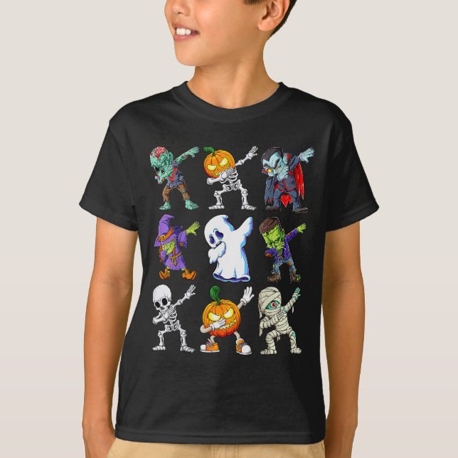 T-shirt Dabbing Halloween Boys Skeleton Zombie Y Pumpkin M (Devant)