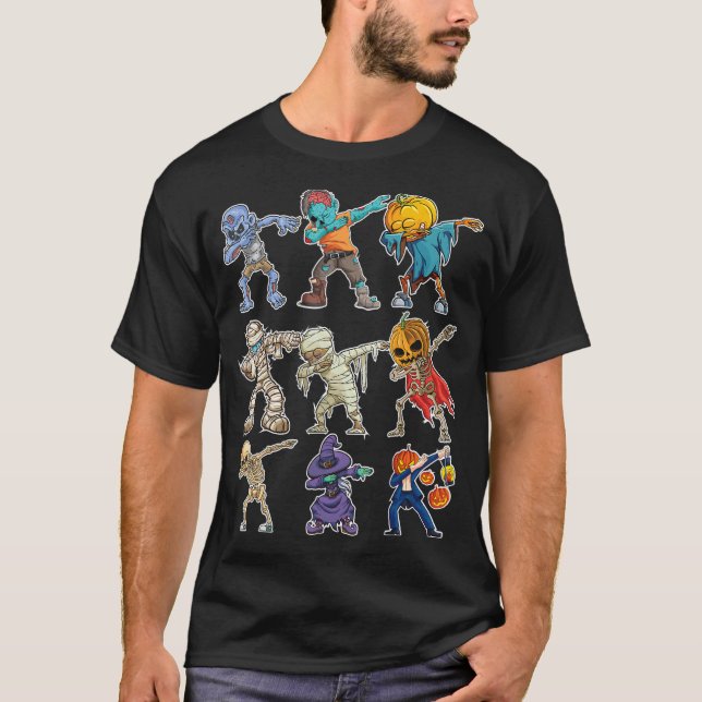 T-shirt Dabbing Halloween garçons Skeleton Zombie effrayan (Devant)