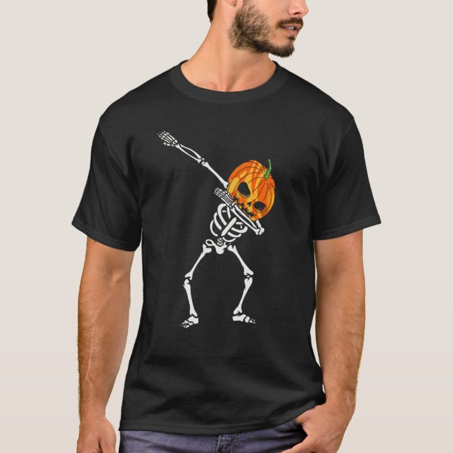 T-shirt Dabbing Skeleton Citrouille Head Halloween Dancing (Devant)