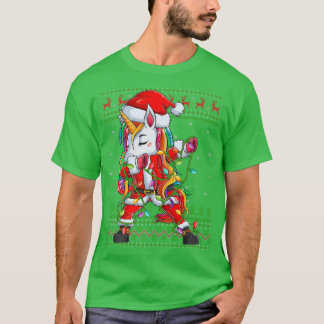T-shirt Dabbing Unicorn Xmas Lights Ugly Père Noël Unicorn