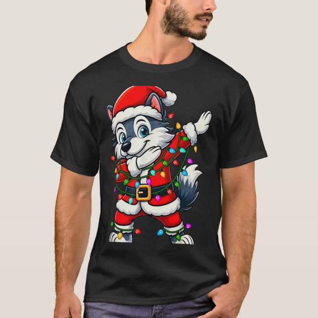 T-shirt Dabbing Wolf Lights Santa Xmas Girls Boys Kids Chr (Devant)
