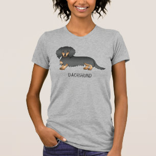 T-shirt Dachshund à poil long noir et feu Dessin animé Chi