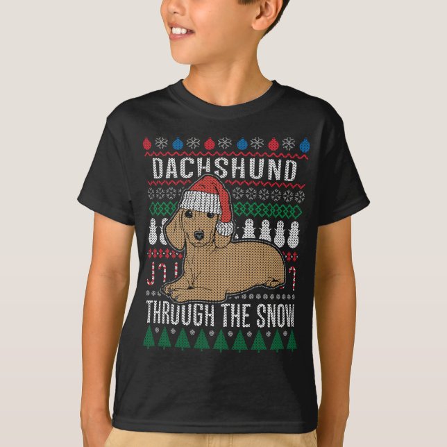 T-shirt Dachshund À Travers Le Chandail De Noël Laide Neig (Devant)