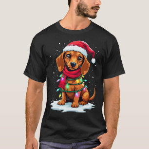 T-shirt Dachshund Arbre de Noël mignonne Santa Hat Lights 