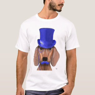 T-shirt Dachshund avec chapeau bleu et moustache bleue